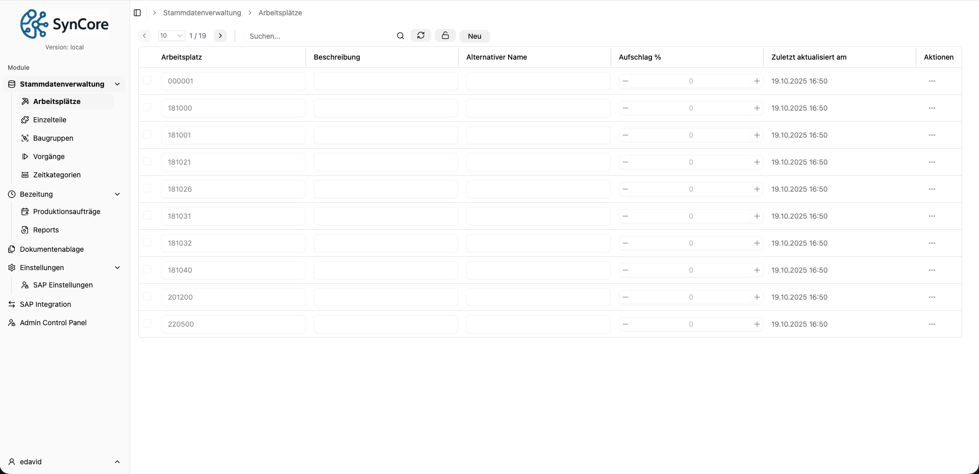 SynCore Stammdaten — Arbeitsplätze-Übersicht